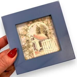 Vtg 90s Terragrafics Mini Framed Cottage Print Blue 4.5"x4.5" JC Penney Country